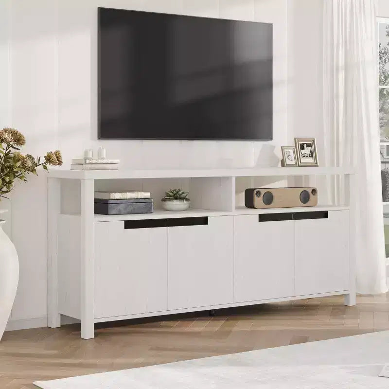 Meuble TV Acekool 63" pour téléviseurs jusqu'à 70", console média de style rustique avec placards de rangement et étagères réglables, centre de divertissement