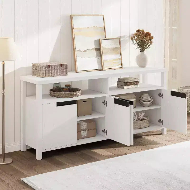 Meuble TV Acekool 63" pour téléviseurs jusqu'à 70", console média de style rustique avec placards de rangement et étagères réglables, centre de divertissement