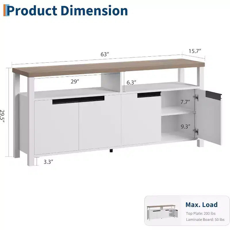 Meuble TV Acekool 63" pour téléviseurs jusqu'à 70", console média de style rustique avec placards de rangement et étagères réglables, centre de divertissement