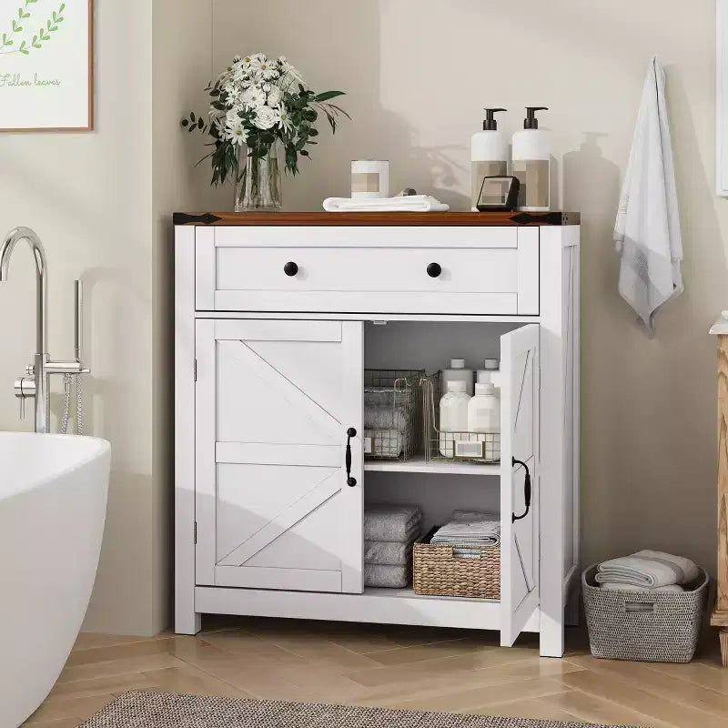CLIHOME Armoire de rangement de style ferme avec étagère réglable, meuble de cuisine blanc avec comptoir en noyer, console de bar à café moderne