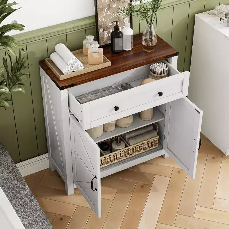 CLIHOME Armoire de rangement de style ferme avec étagère réglable, meuble de cuisine blanc avec comptoir en noyer, console de bar à café moderne