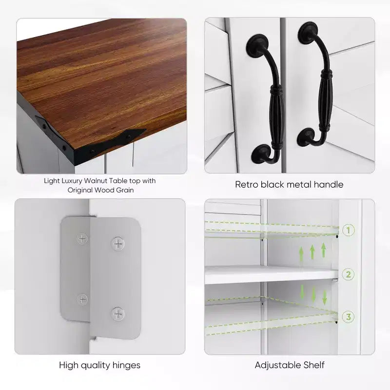 CLIHOME Armoire de rangement de style ferme avec étagère réglable, meuble de cuisine blanc avec comptoir en noyer, console de bar à café moderne