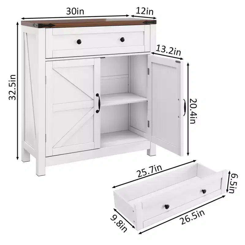 CLIHOME Armoire de rangement de style ferme avec étagère réglable, meuble de cuisine blanc avec comptoir en noyer, console de bar à café moderne