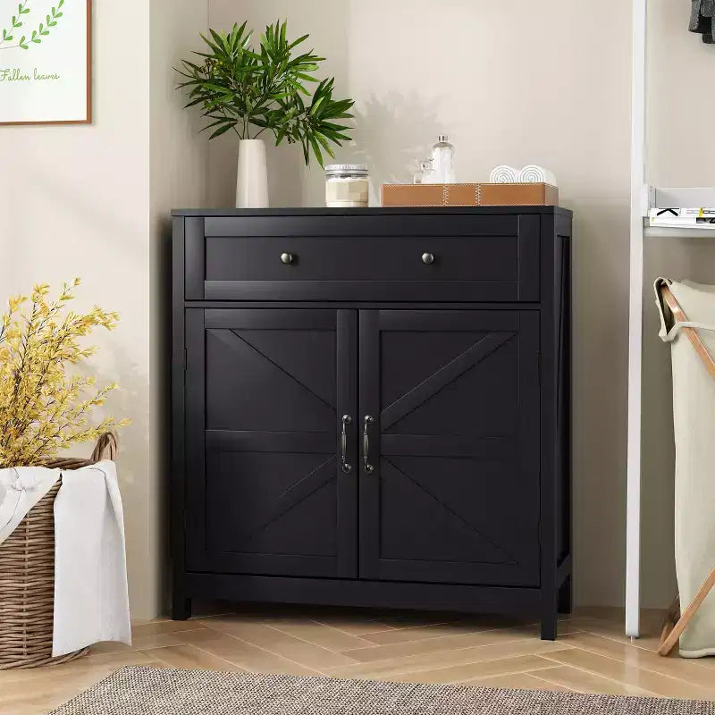 CLIHOME Armoire de rangement de style ferme avec étagère réglable, meuble de cuisine blanc avec comptoir en noyer, console de bar à café moderne
