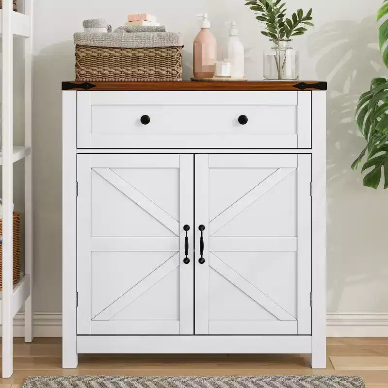CLIHOME Armoire de rangement de style ferme avec étagère réglable, meuble de cuisine blanc avec comptoir en noyer, console de bar à café moderne