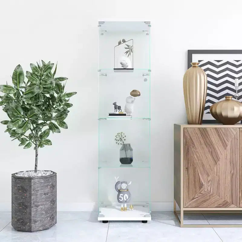 MAYEERTY Vitrine en verre 4 étagères avec porte, meuble sur pied, 164,3 x 42,4 x 36,3 cm, pour salon, chambre, bureau, blanc
