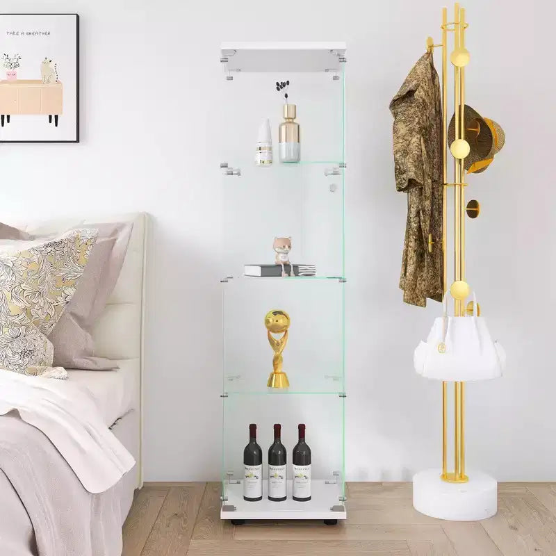 MAYEERTY Vitrine en verre 4 étagères avec porte, meuble sur pied, 164,3 x 42,4 x 36,3 cm, pour salon, chambre, bureau, blanc