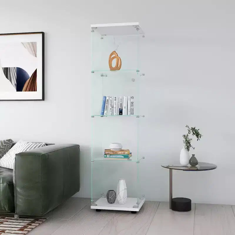 MAYEERTY Vitrine en verre 4 étagères avec porte, meuble sur pied, 164,3 x 42,4 x 36,3 cm, pour salon, chambre, bureau, blanc