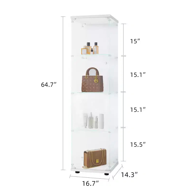 MAYEERTY Vitrine en verre 4 étagères avec porte, meuble sur pied, 164,3 x 42,4 x 36,3 cm, pour salon, chambre, bureau, blanc