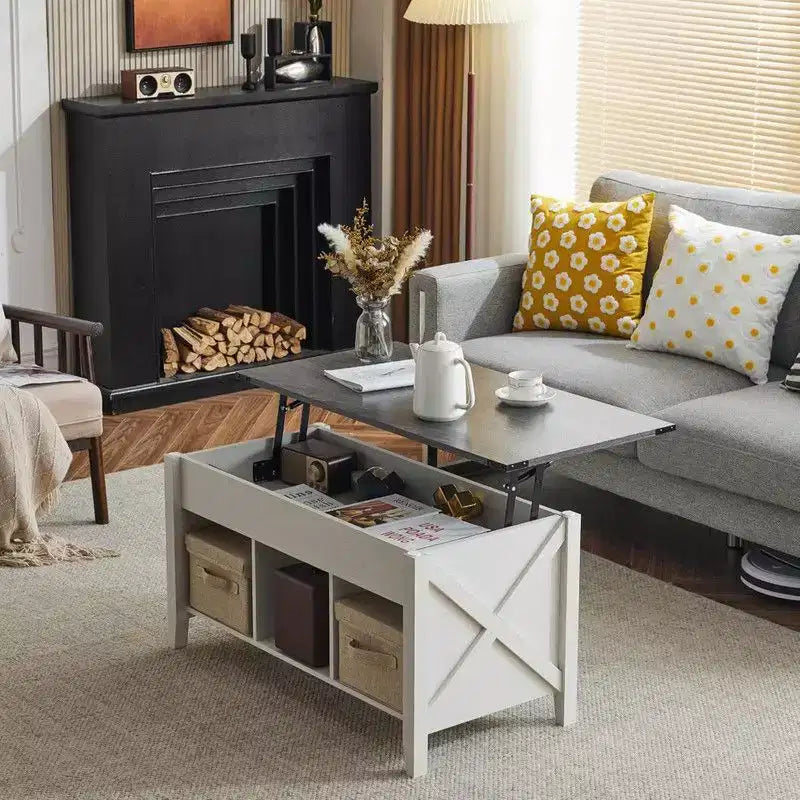 Table basse relevable extensible bicolore noire, grise et blanche
