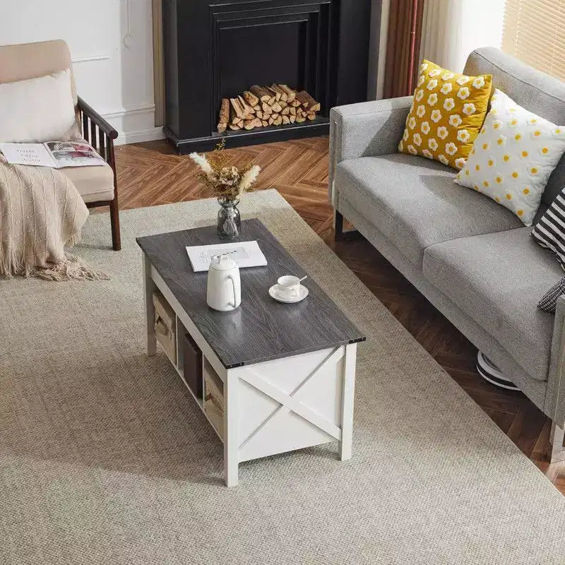 Table basse relevable extensible bicolore noire, grise et blanche