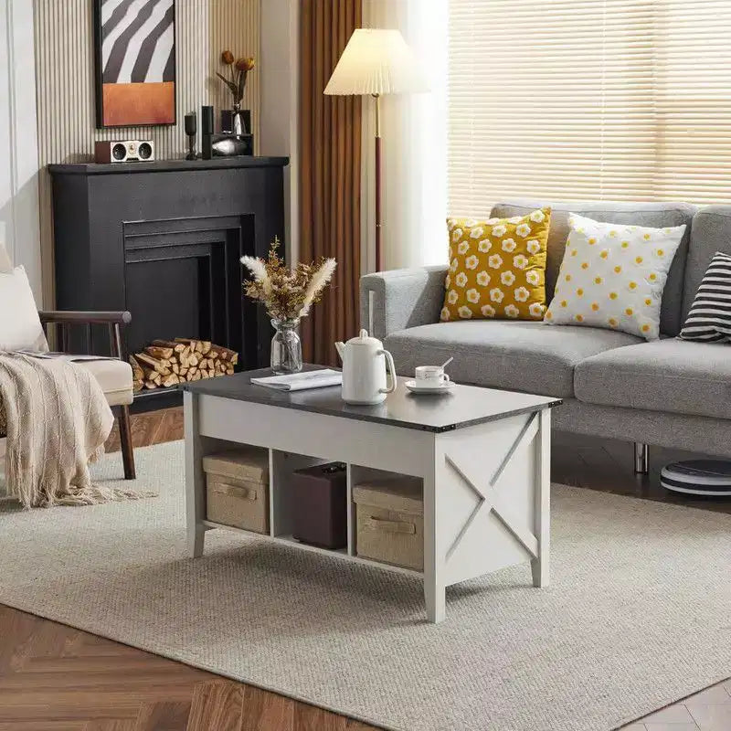 Table basse relevable extensible bicolore noire, grise et blanche