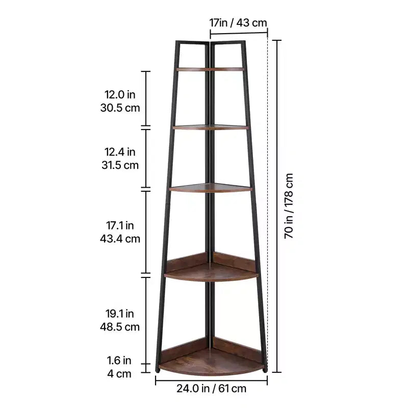 Étagère d'angle VEVOR à 5 niveaux, bibliothèque d'angle de 178 cm de haut avec cadre en métal et étagères en bois, étagère d'angle industrielle pour salon, marron