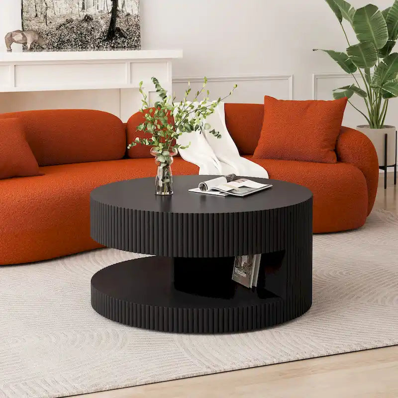 Table basse ronde à 2 niveaux, blanc/noir, motif rayures en relief, 80 cm