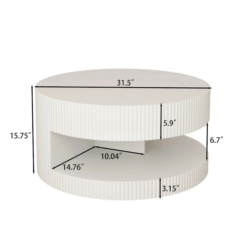 Table basse ronde à 2 niveaux, blanc/noir, motif rayures en relief, 80 cm