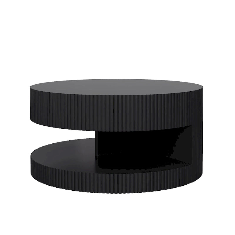 Table basse ronde à 2 niveaux, blanc/noir, motif rayures en relief, 80 cm