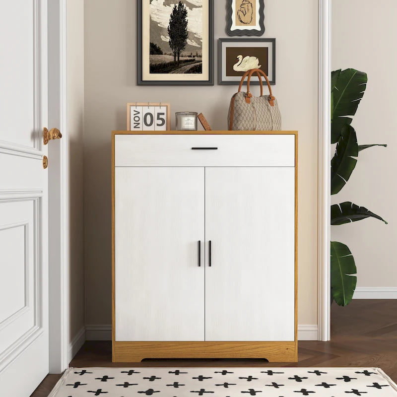 Meuble à Chaussures 4 Niveaux Noyer / Naturel avec Tiroir et 2 Portes — Capacité 2+