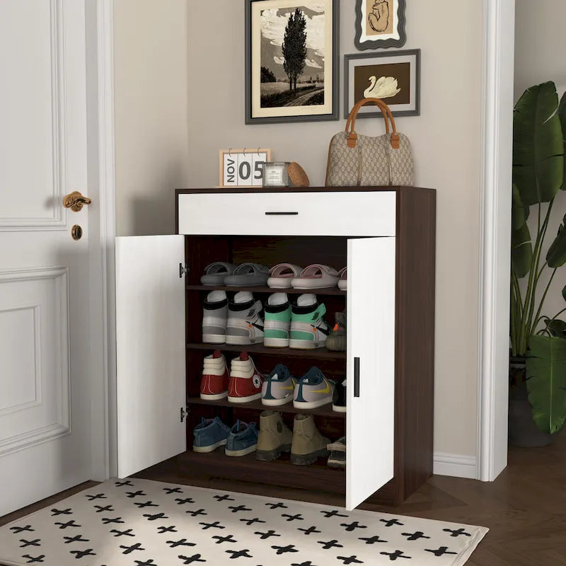Meuble à Chaussures 4 Niveaux Noyer / Naturel avec Tiroir et 2 Portes — Capacité 2+