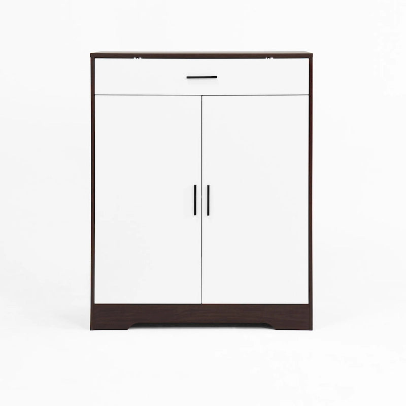 Meuble à Chaussures 4 Niveaux Noyer / Naturel avec Tiroir et 2 Portes — Capacité 2+