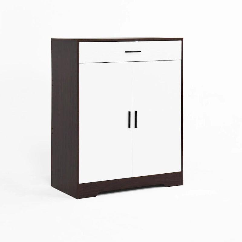 Meuble à Chaussures 4 Niveaux Noyer / Naturel avec Tiroir et 2 Portes — Capacité 2+