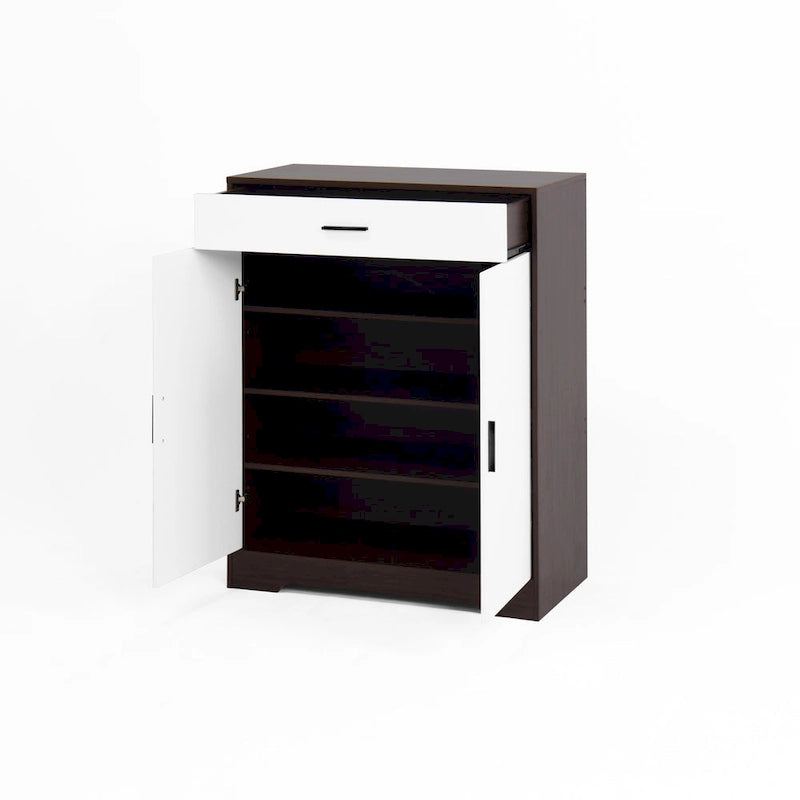 Meuble à Chaussures 4 Niveaux Noyer / Naturel avec Tiroir et 2 Portes — Capacité 2+