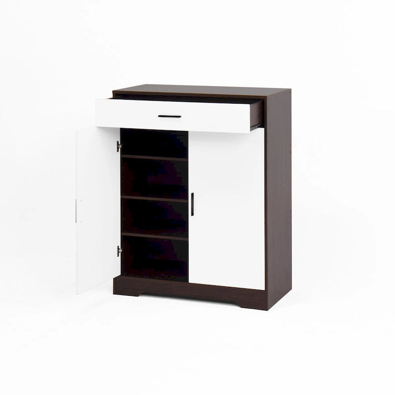Meuble à Chaussures 4 Niveaux Noyer / Naturel avec Tiroir et 2 Portes — Capacité 2+