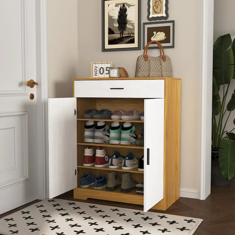 Meuble à Chaussures 4 Niveaux Noyer / Naturel avec Tiroir et 2 Portes — Capacité 2+