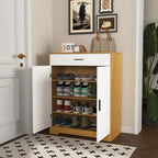 Meuble à Chaussures 4 Niveaux Noyer / Naturel avec Tiroir et 2 Portes — Capacité 2+