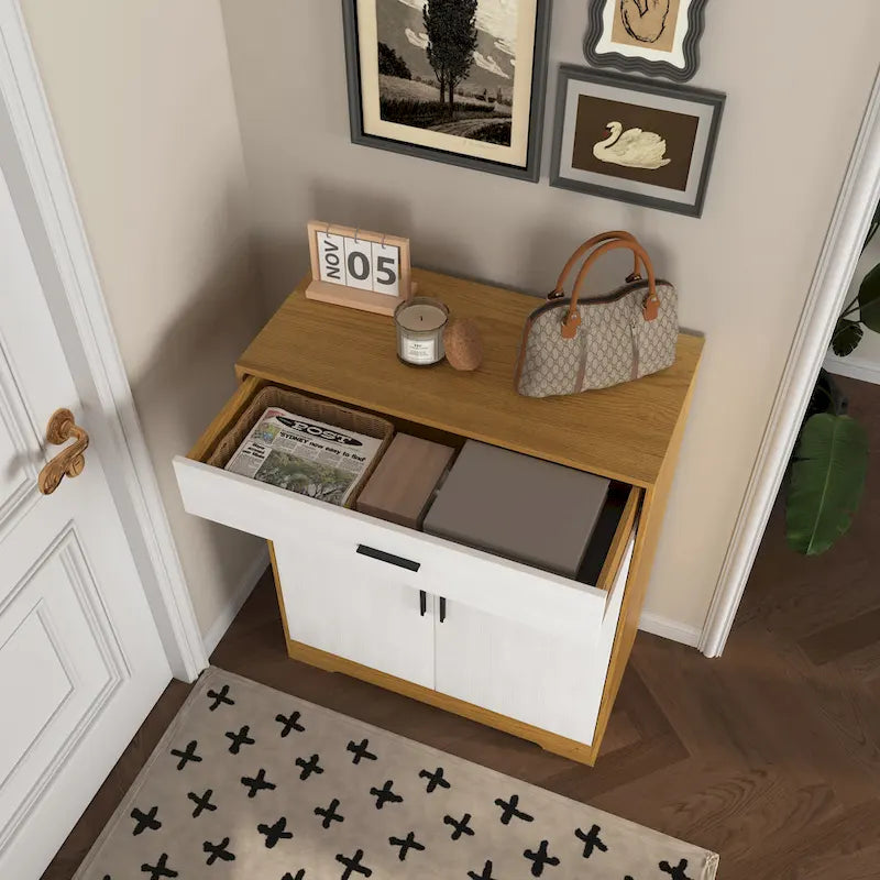 Meuble à Chaussures 4 Niveaux Noyer / Naturel avec Tiroir et 2 Portes — Capacité 2+
