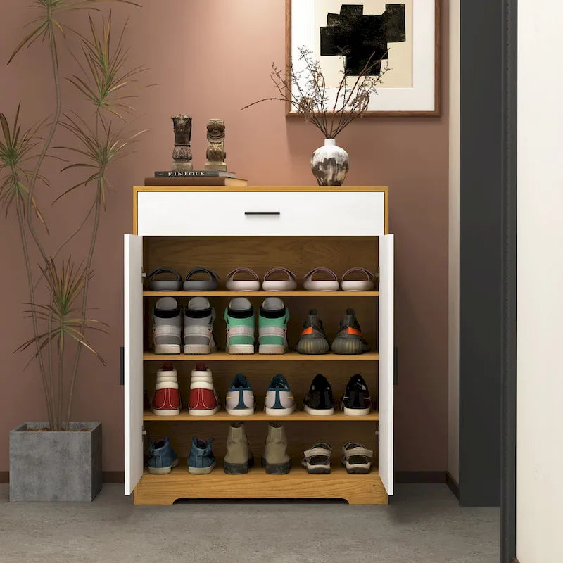 Meuble à Chaussures 4 Niveaux Noyer / Naturel avec Tiroir et 2 Portes — Capacité 2+