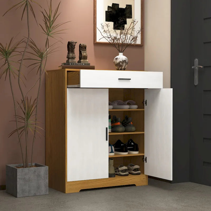 Meuble à Chaussures 4 Niveaux Noyer / Naturel avec Tiroir et 2 Portes — Capacité 2+