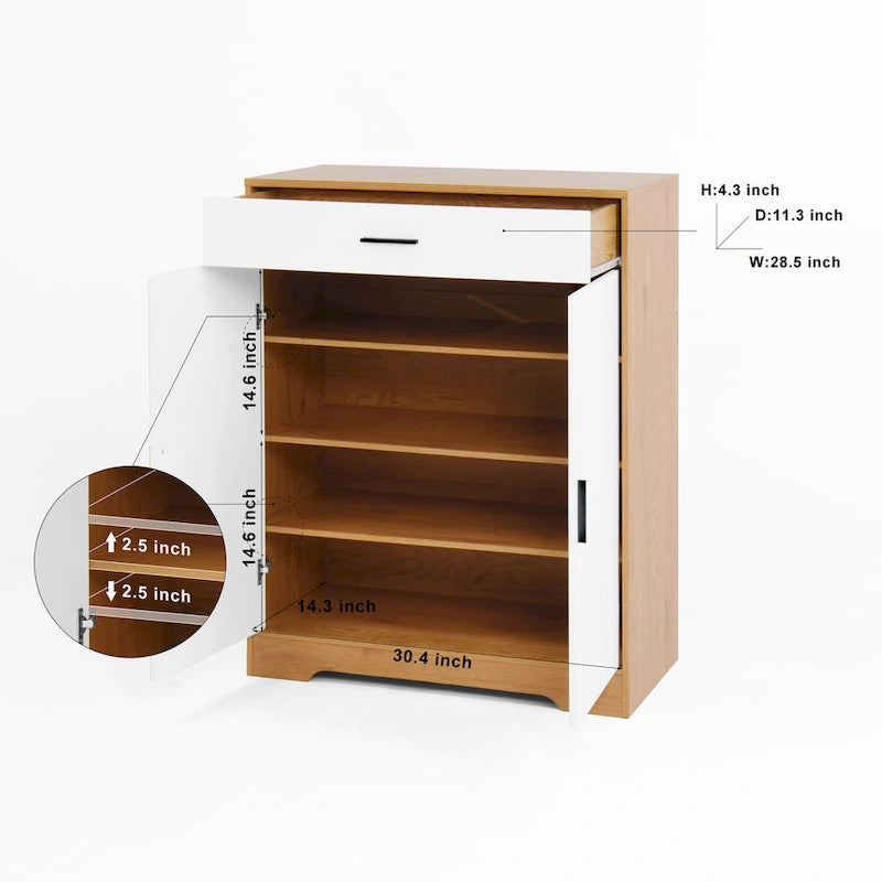 Meuble à Chaussures 4 Niveaux Noyer / Naturel avec Tiroir et 2 Portes — Capacité 2+