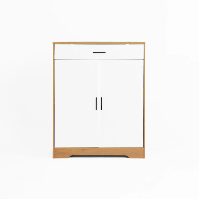 Meuble à Chaussures 4 Niveaux Noyer / Naturel avec Tiroir et 2 Portes — Capacité 2+