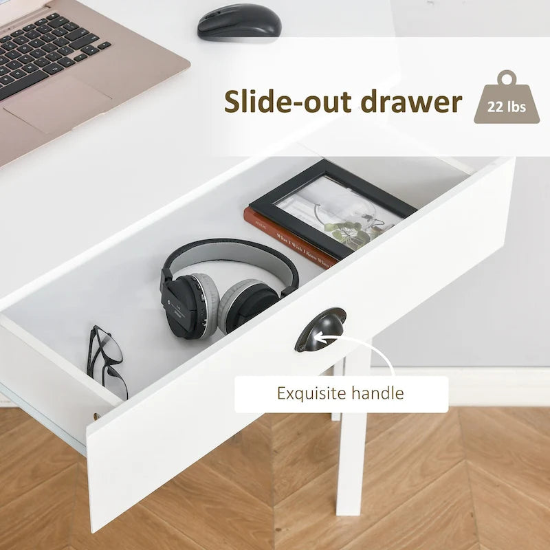 Bureau d'angle blanc avec tiroir et étagères, 1 personne