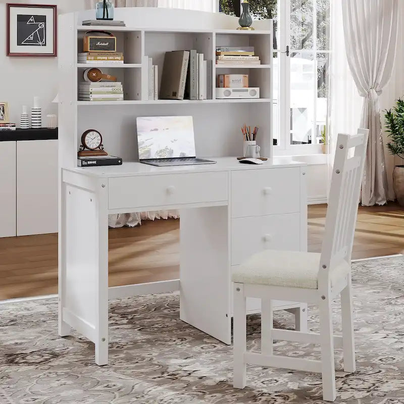 Bureau de style rétro blanc/espresso avec étagère et chaise, 1 personne