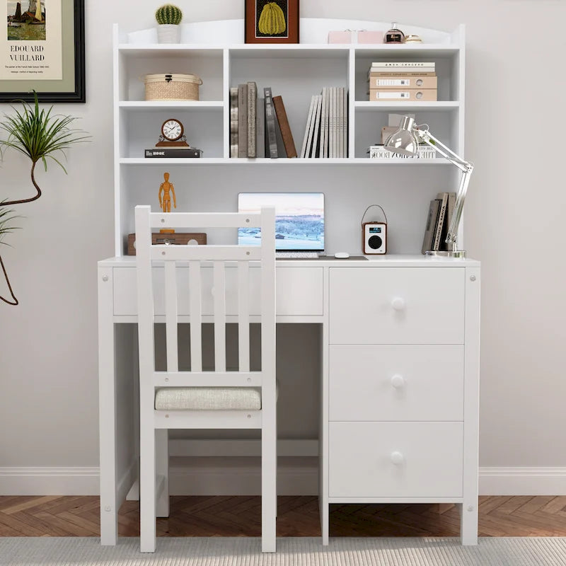 Bureau de style rétro blanc/espresso avec étagère et chaise, 1 personne