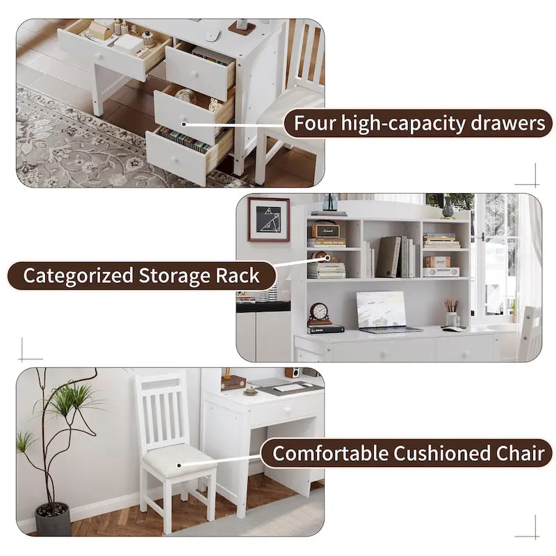 Bureau de style rétro blanc/espresso avec étagère et chaise, 1 personne