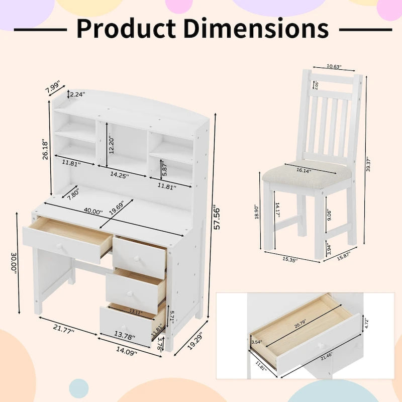 Bureau de style rétro blanc/espresso avec étagère et chaise, 1 personne