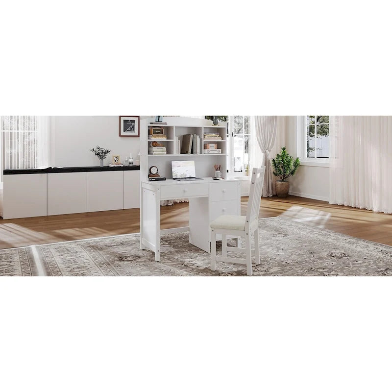 Bureau de style rétro blanc/espresso avec étagère et chaise, 1 personne