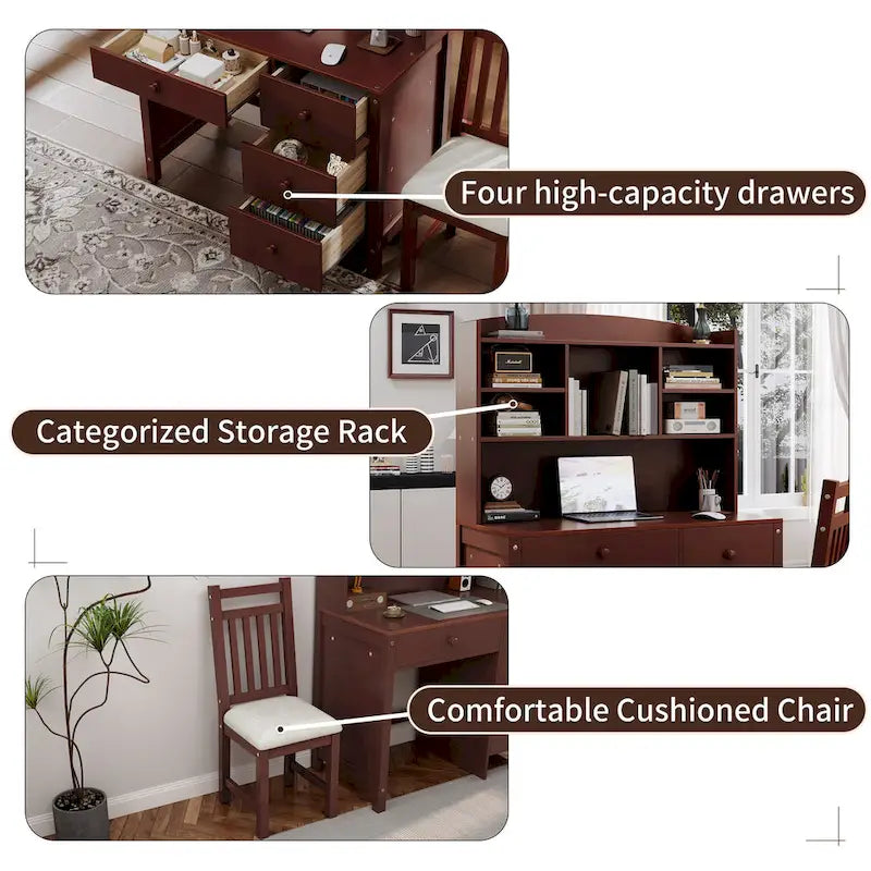 Bureau de style rétro blanc/espresso avec étagère et chaise, 1 personne