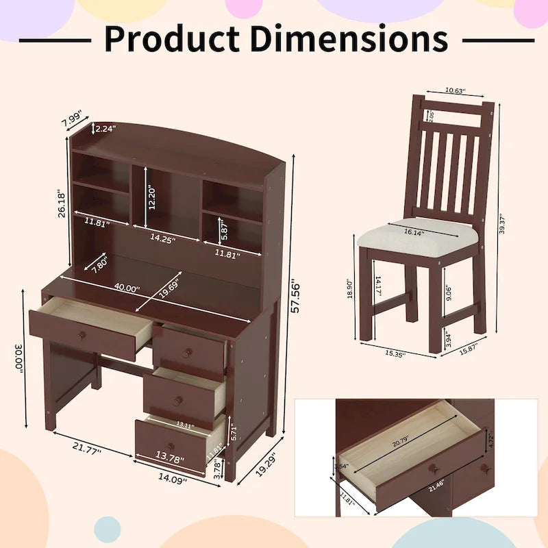 Bureau de style rétro blanc/espresso avec étagère et chaise, 1 personne