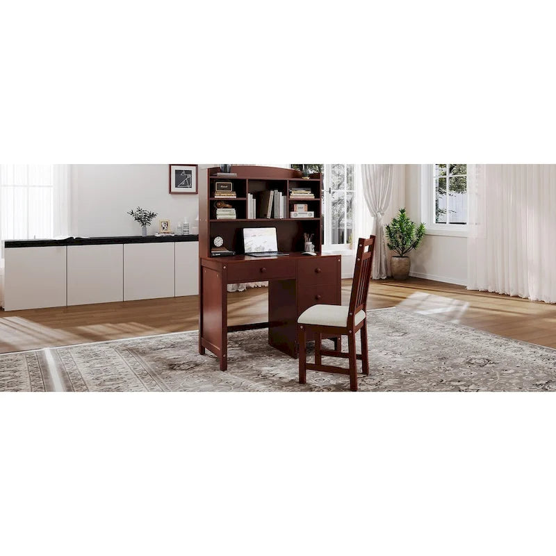 Bureau de style rétro blanc/espresso avec étagère et chaise, 1 personne