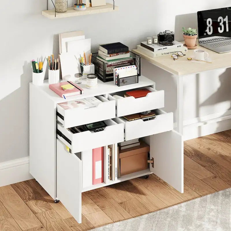 Meuble de rangement roulant blanc à 4 tiroirs avec 2 armoires, pour 1 utilisateur
