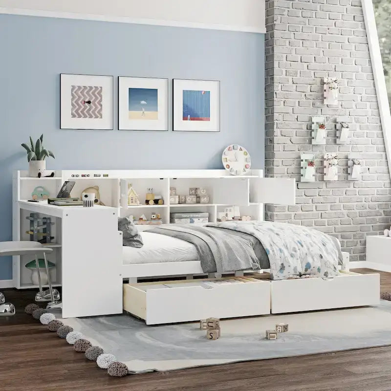 Lit de repos en L blanc et naturel avec bureau, rangement, simple