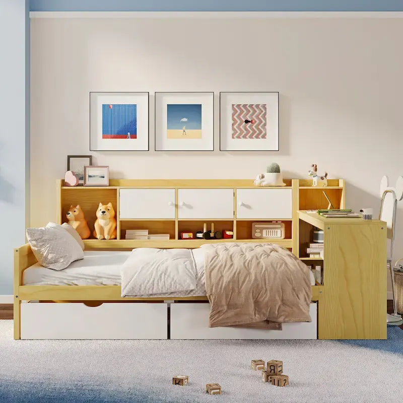 Lit de repos en L blanc et naturel avec bureau, rangement, simple