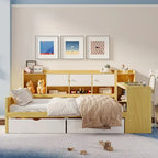Lit de repos en L blanc et naturel avec bureau, rangement, simple