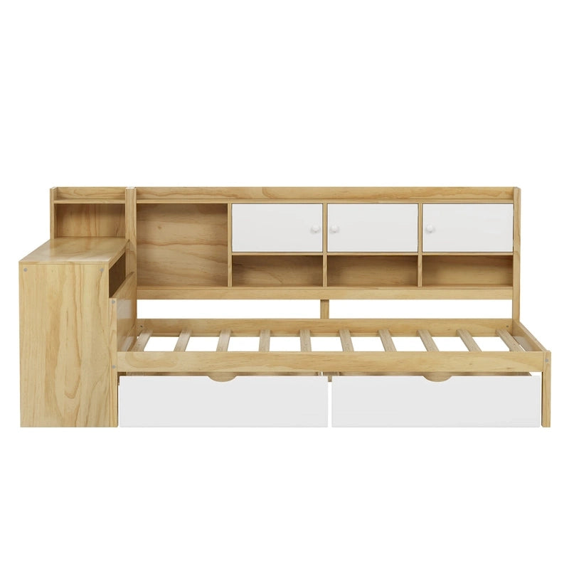 Lit de repos en L blanc et naturel avec bureau, rangement, simple