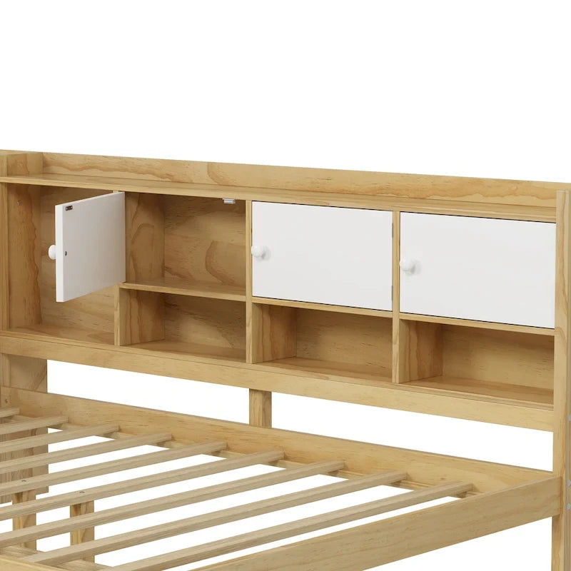 Lit de repos en L blanc et naturel avec bureau, rangement, simple