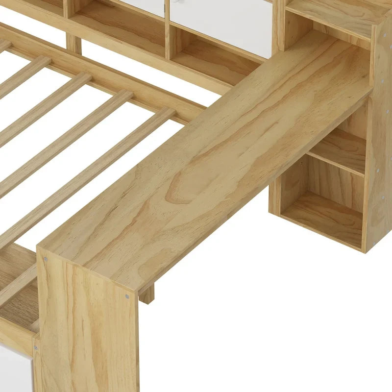 Lit de repos en L blanc et naturel avec bureau, rangement, simple