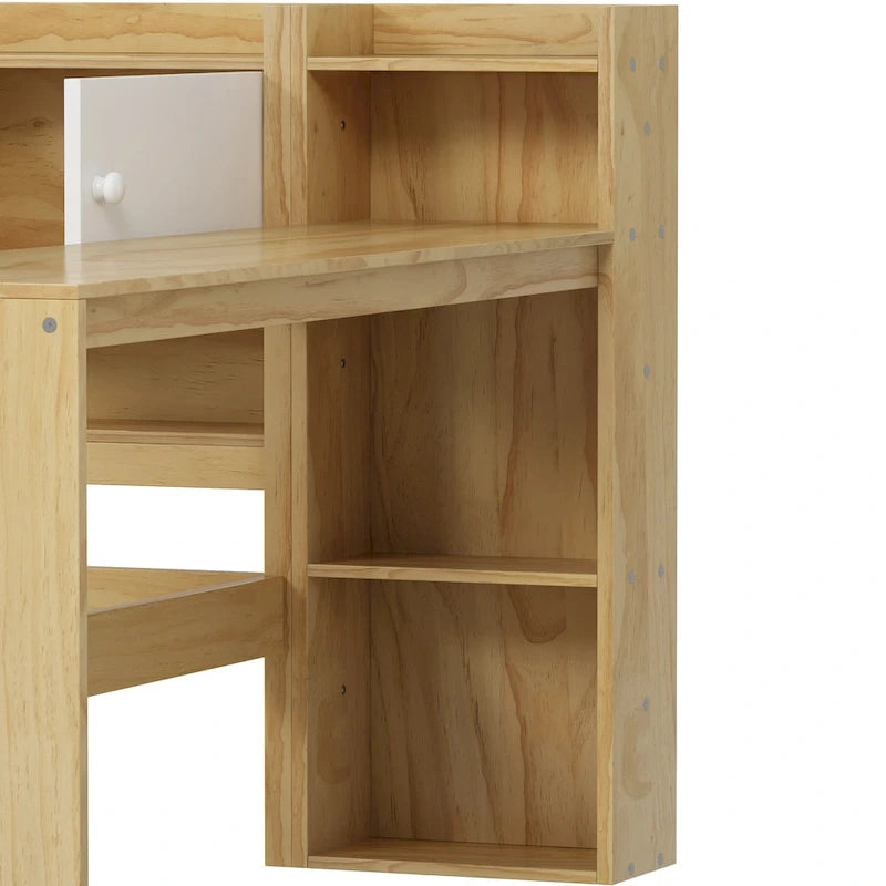 Lit de repos en L blanc et naturel avec bureau, rangement, simple